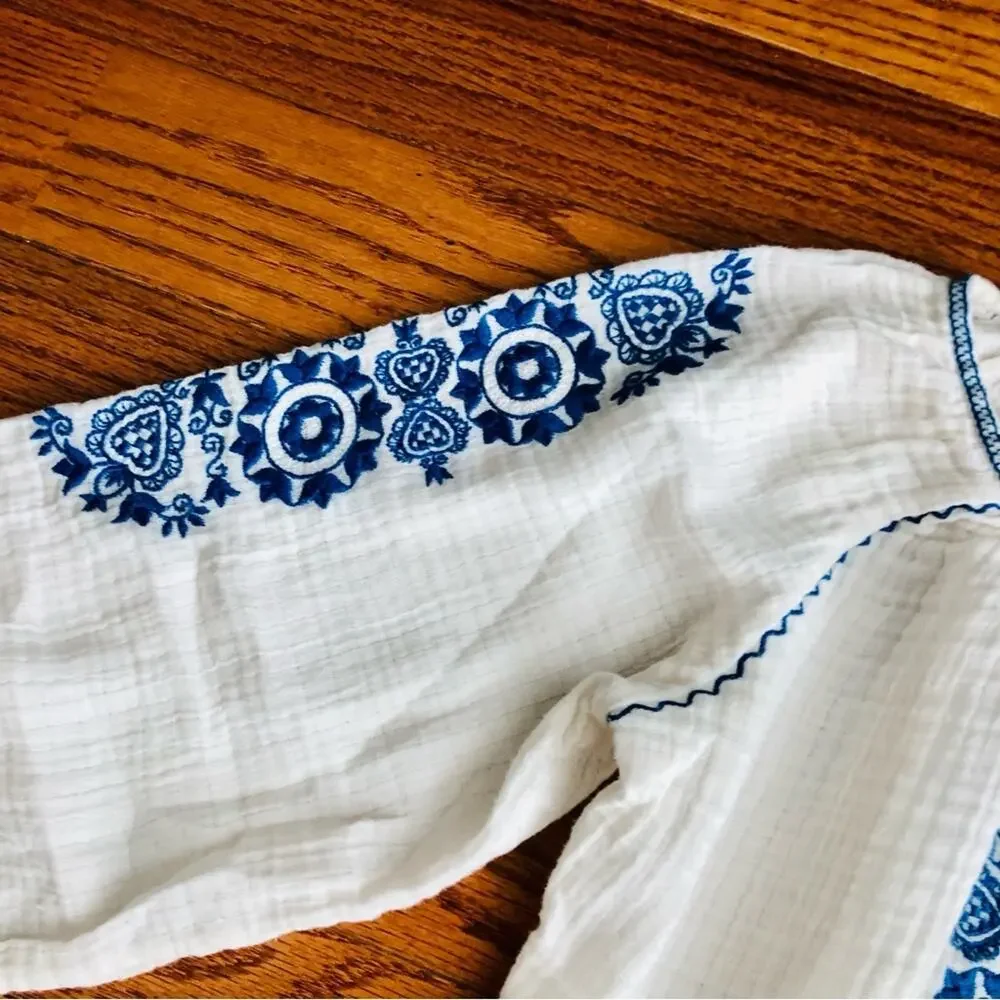 J.CREW Resort Boho Cotton 3/4 Sleeves Embroidered White Blue Top Women’s Size XS